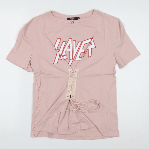 Eight Paris Womens Pink Cotton Basic T-Shirt Size M Round Neck - Slayer Lace up