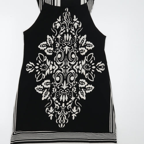 Pussycat Womens Black Geometric Polyester A-Line Size M Round Neck Button