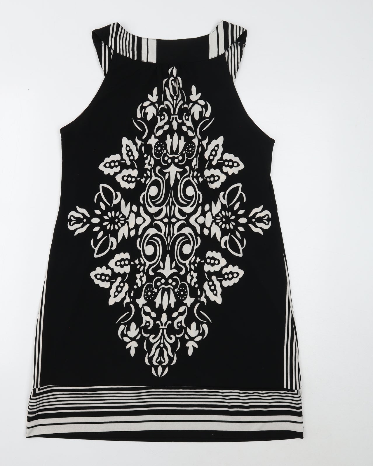 Pussycat Womens Black Geometric Polyester A-Line Size M Round Neck Button