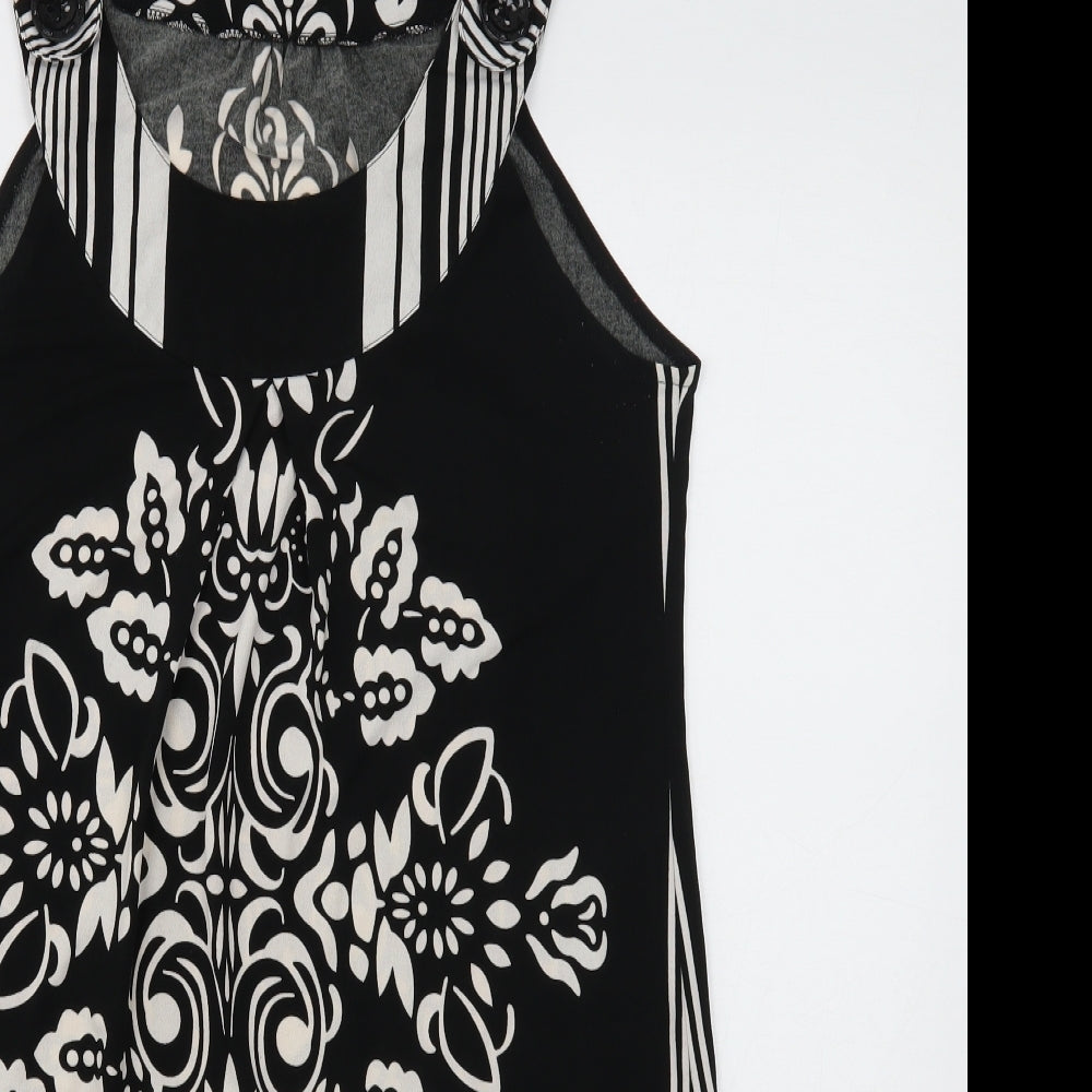Pussycat Womens Black Geometric Polyester A-Line Size M Round Neck Button