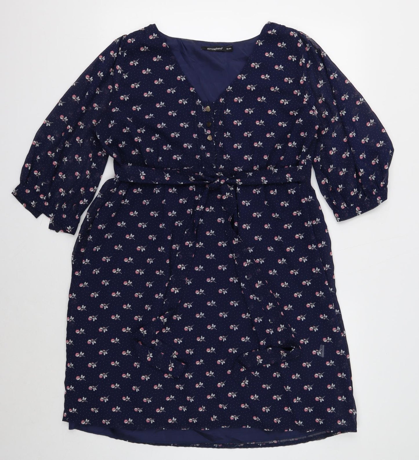 Atmosphere Womens Blue Floral Polyester Fit & Flare Size 16 V-Neck Button