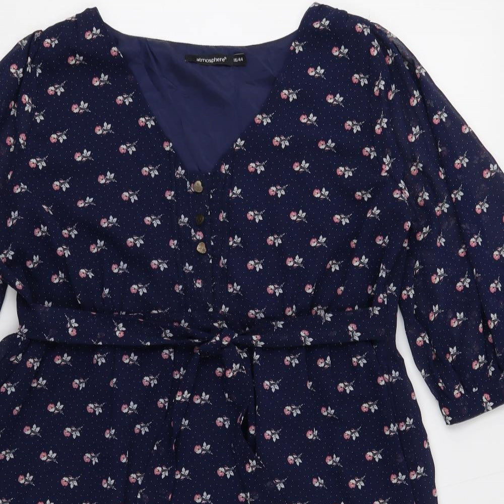 Atmosphere Womens Blue Floral Polyester Fit & Flare Size 16 V-Neck Button