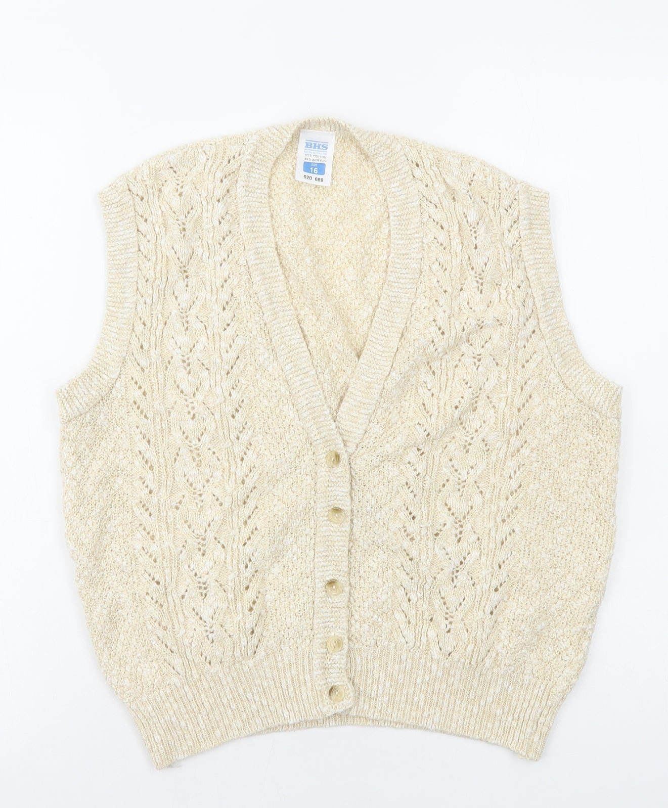 BHS Womens Ivory V-Neck Cotton Vest Jumper Size 16