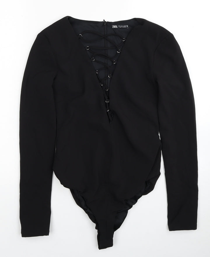 Zara Womens Black Polyester Bodysuit One-Piece Size S Snap