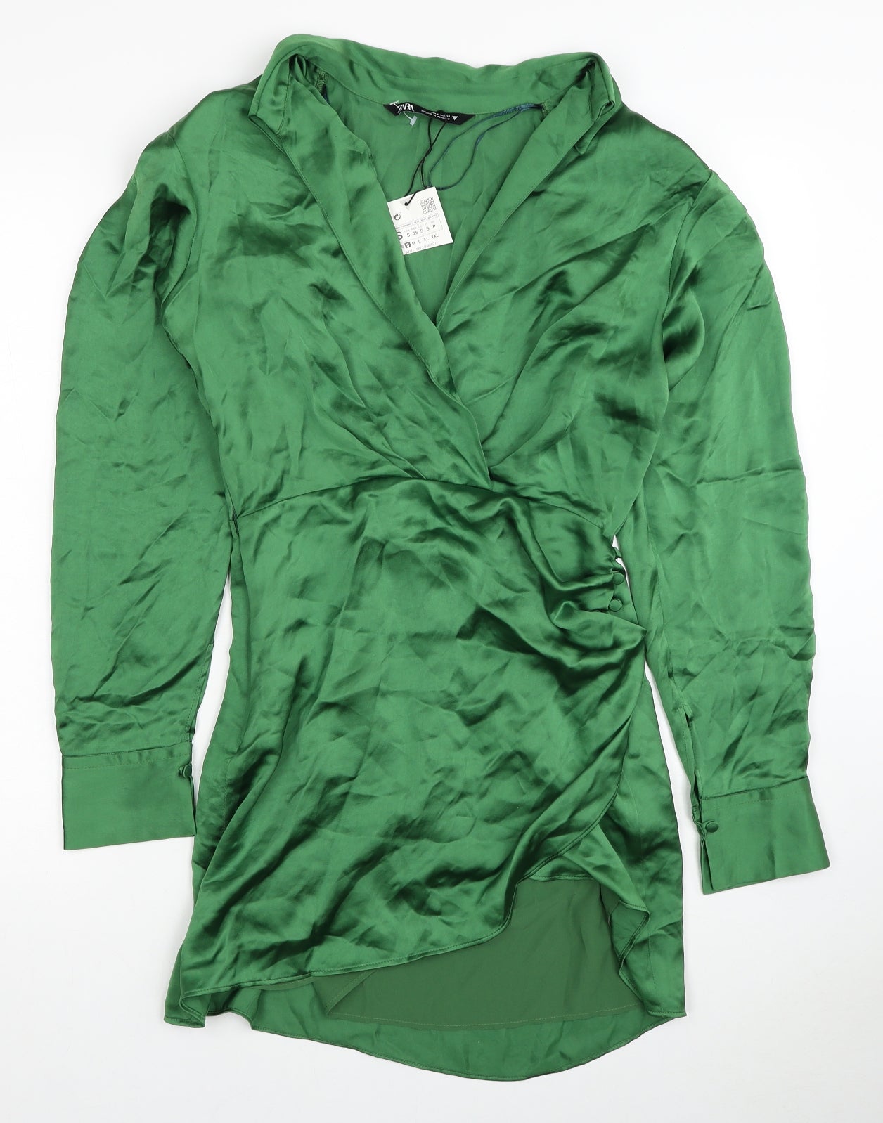 Zara Womens Green Polyester Shirt Dress Size S Collared Zip