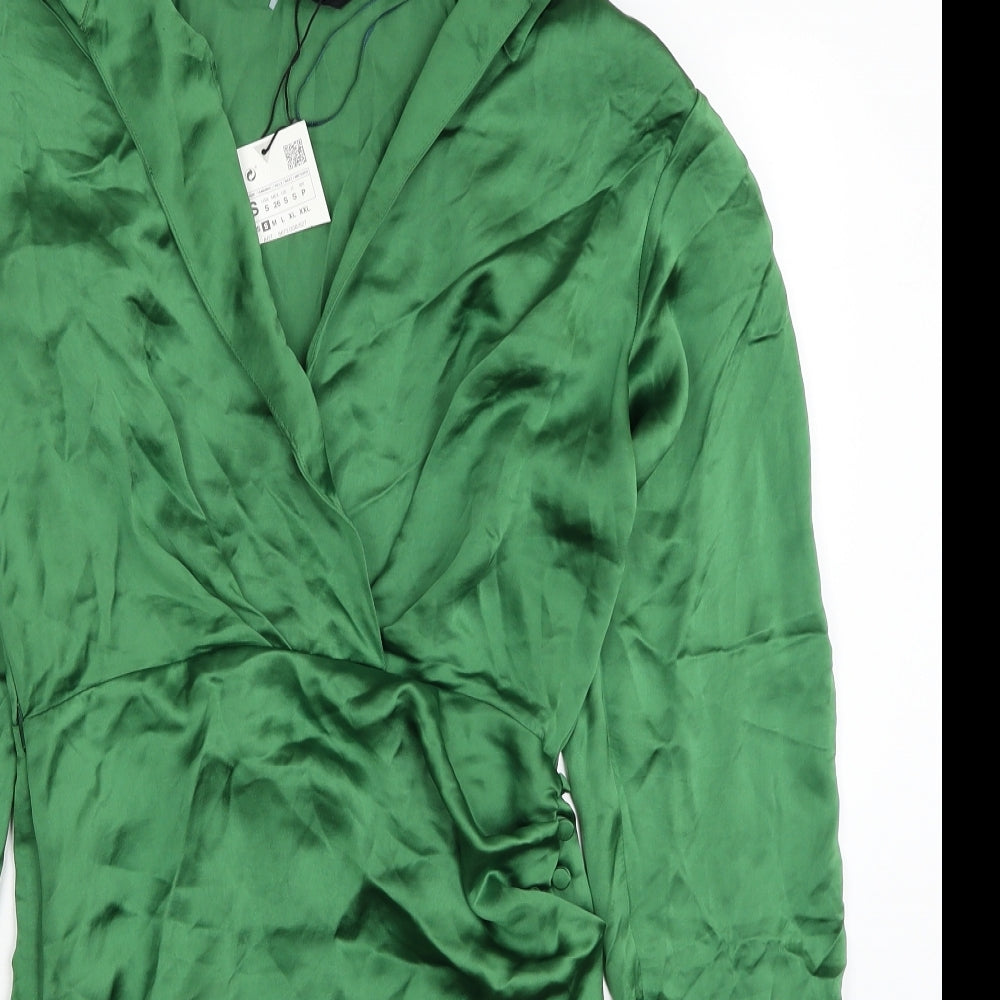 Zara Womens Green Polyester Shirt Dress Size S Collared Zip