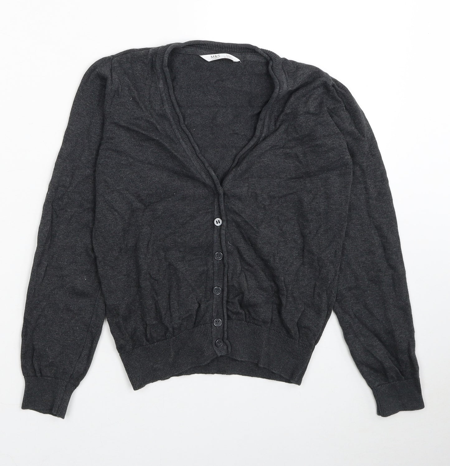 Marks and Spencer Boys Grey V-Neck Cotton Cardigan Jumper Size 9-10 Years Button
