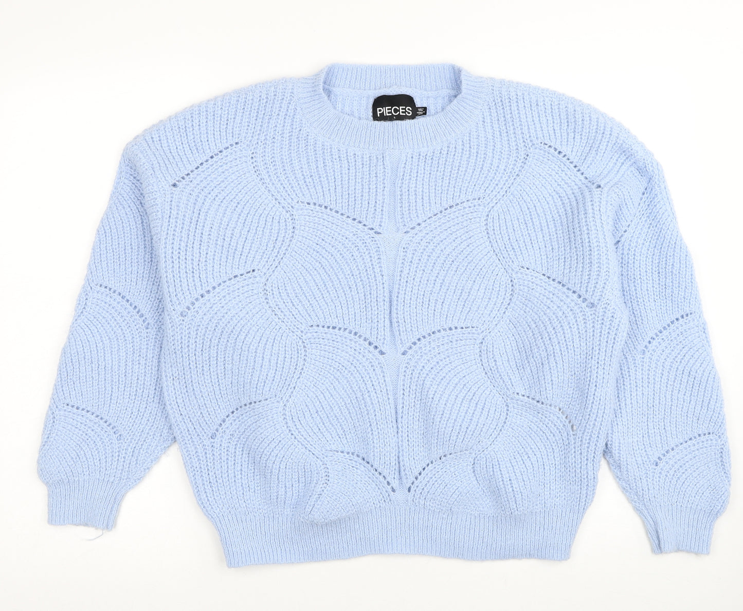 Pieces Womens Blue Round Neck Geometric Lyocell Pullover Jumper Size L