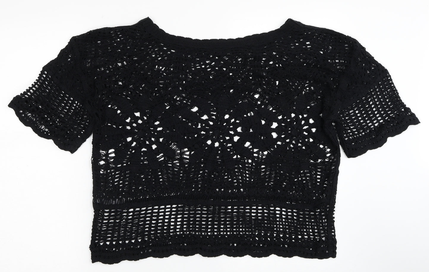 NEXT Womens Black Paisley Cotton Cropped T-Shirt Size L Round Neck - Eyelet lace detail