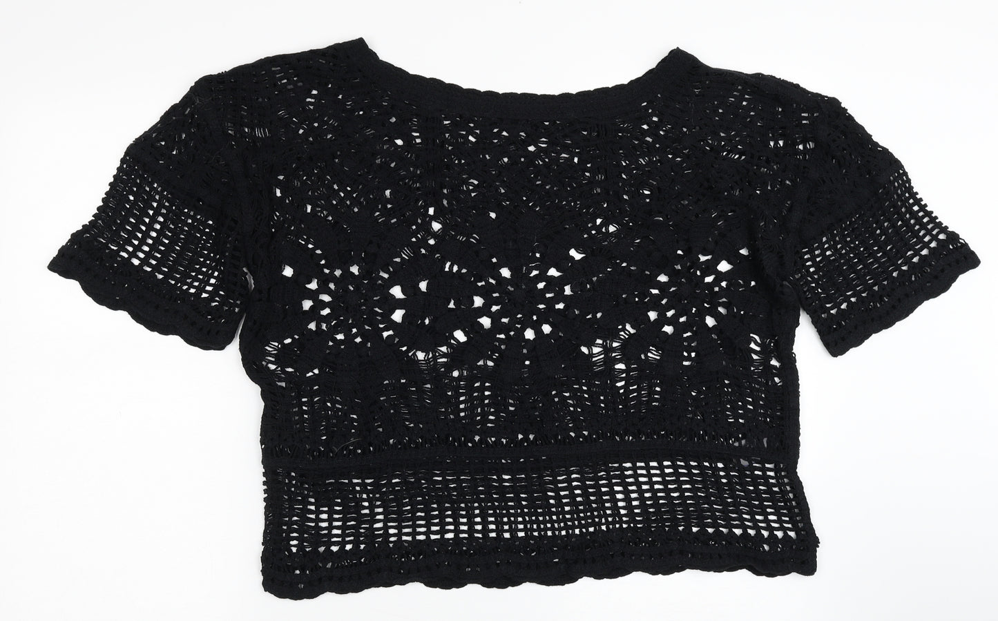 NEXT Womens Black Paisley Cotton Cropped T-Shirt Size L Round Neck - Eyelet lace detail