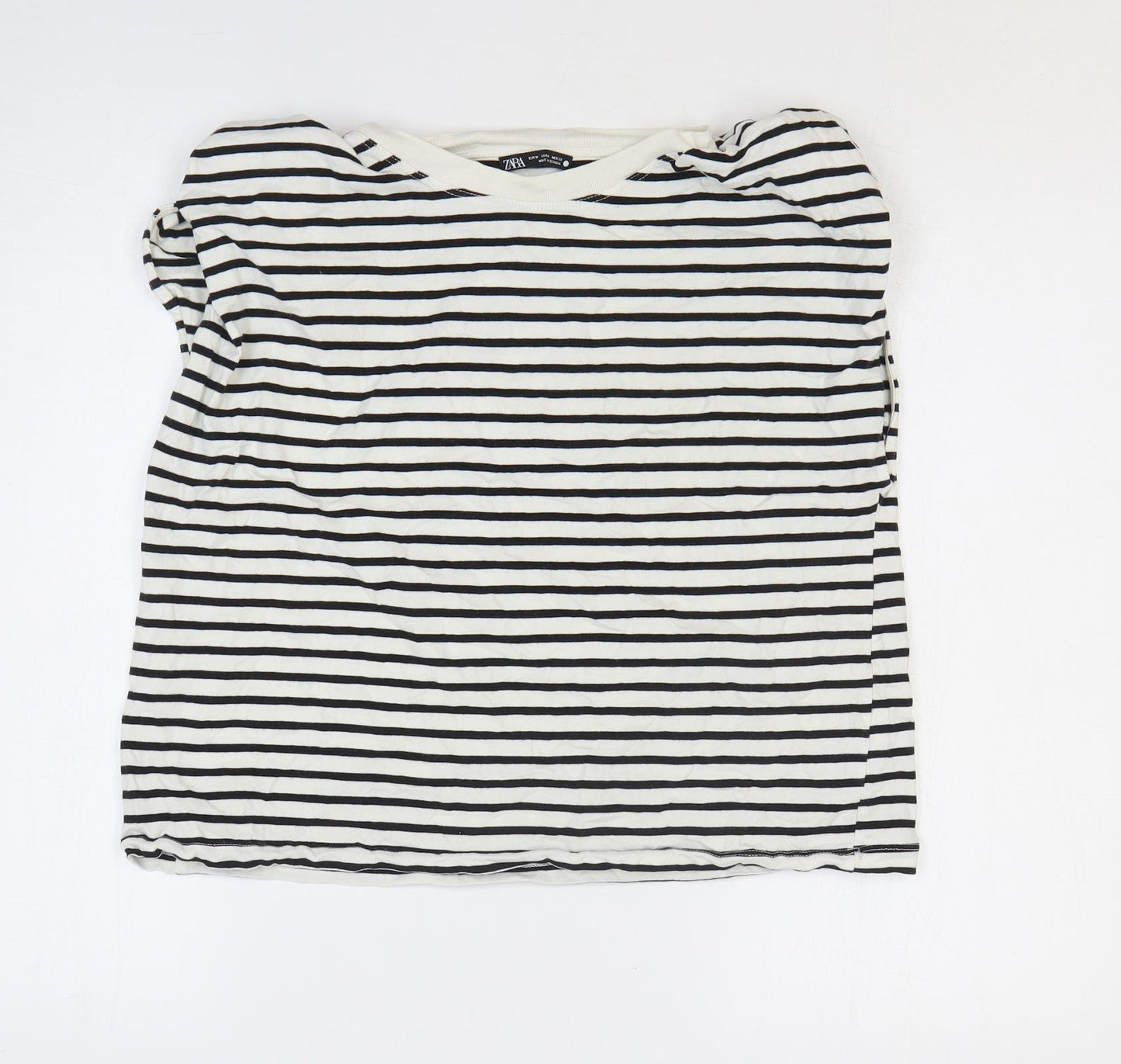 Zara Womens White Striped 100% Cotton Basic T-Shirt Size M Roll Neck