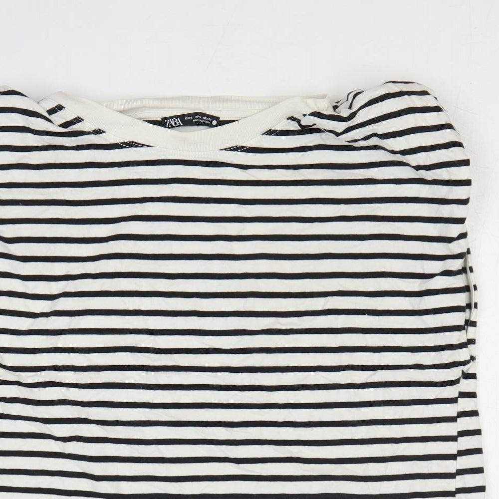 Zara Womens White Striped 100% Cotton Basic T-Shirt Size M Roll Neck
