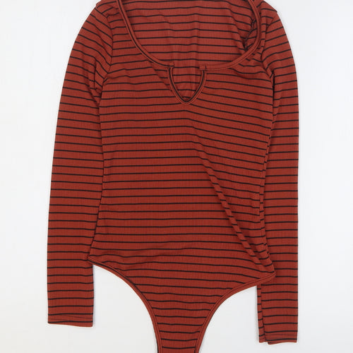 I SAW IT FIRST Womens Brown Striped Polyester Bodysuit One-Piece Size 8 Pullover