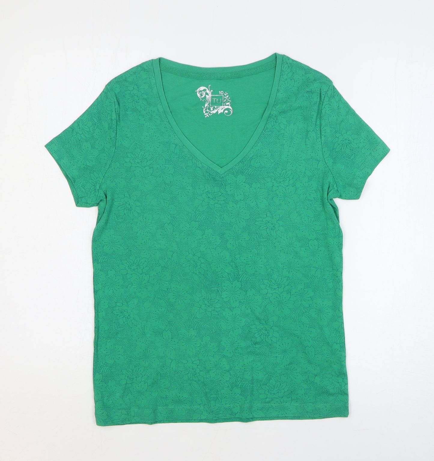 TU Womens Green Floral 100% Cotton Basic T-Shirt Size 10 V-Neck