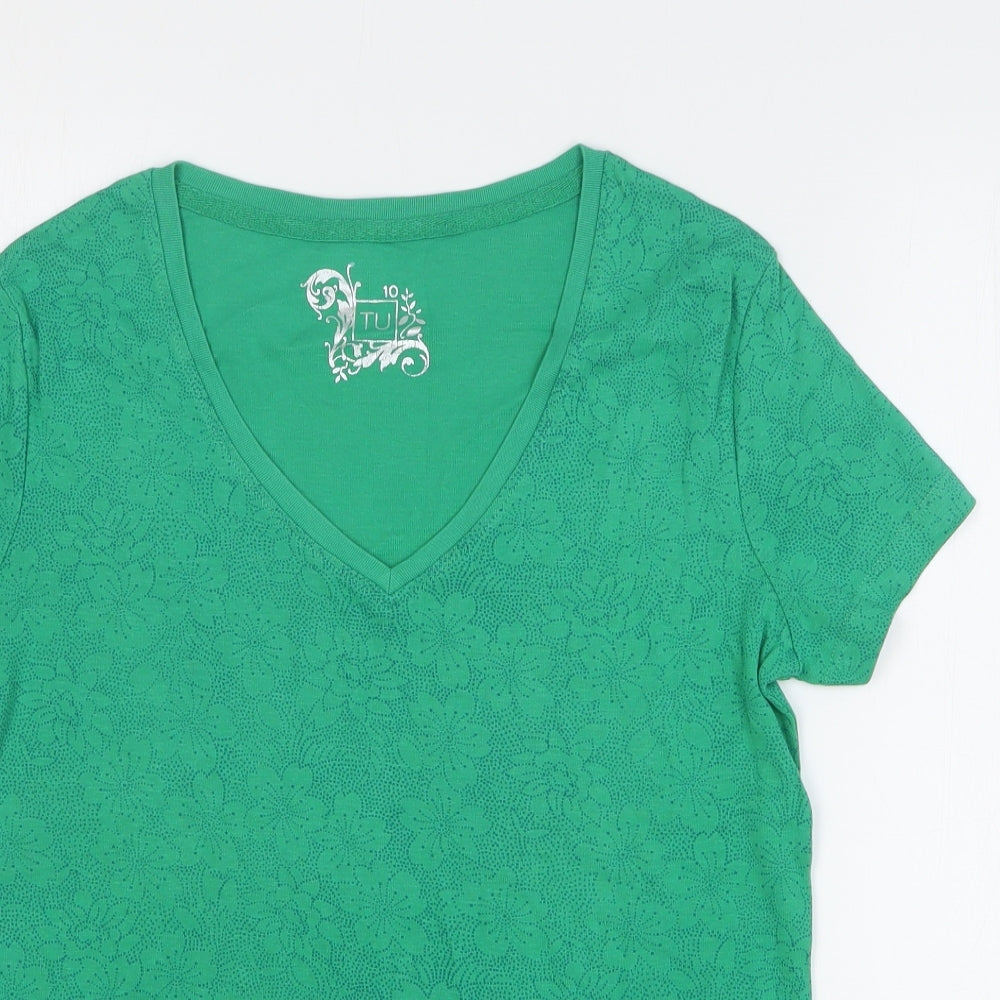 TU Womens Green Floral 100% Cotton Basic T-Shirt Size 10 V-Neck