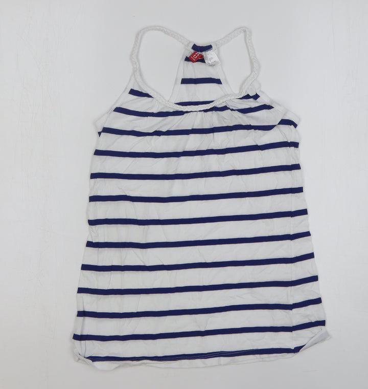 H&M Womens White Striped 100% Cotton Basic Tank Size 4 Round Neck