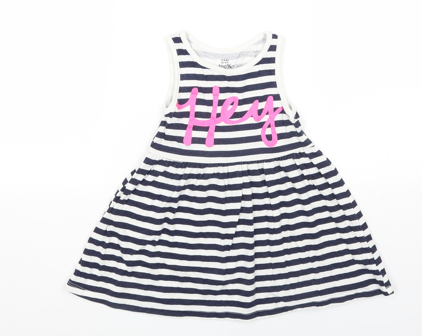 F&F Girls White Striped Cotton T-Shirt Dress Size 3-4 Years Round Neck Pullover