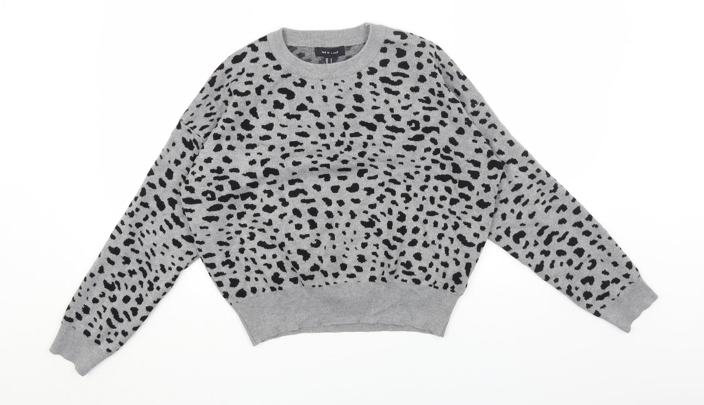 New Look Womens Grey Round Neck Animal Print Viscose Pullover Jumper Size S - Leopard Pattern