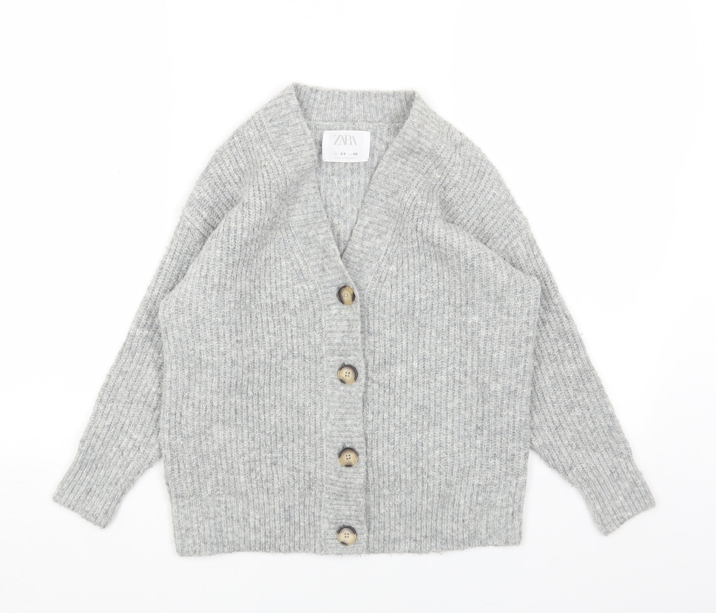 Zara Girls Grey V-Neck Acrylic Cardigan Jumper Size 8-9 Years Button