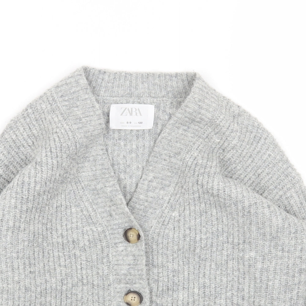 Zara Girls Grey V-Neck Acrylic Cardigan Jumper Size 8-9 Years Button