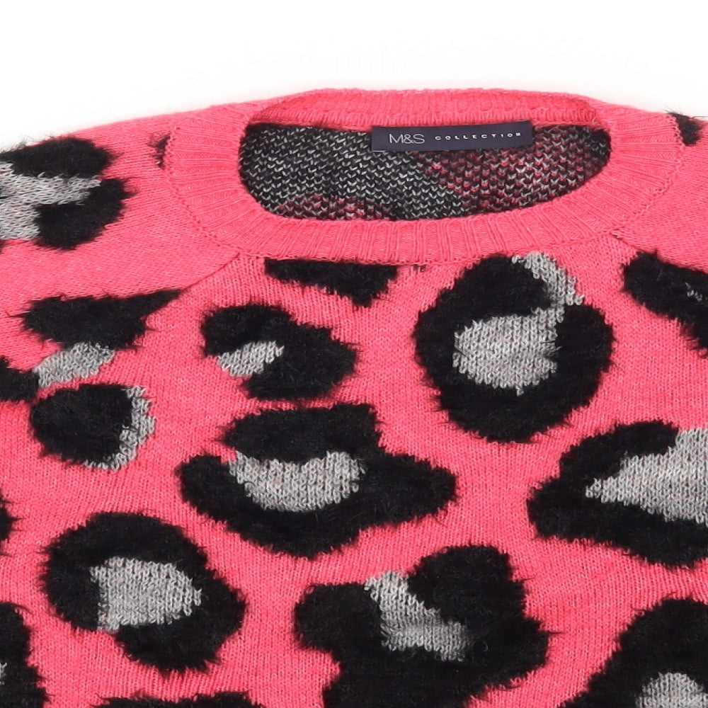 Marks and Spencer Womens Pink Round Neck Animal Print Acrylic Pullover Jumper Size S - Leopard Pattern