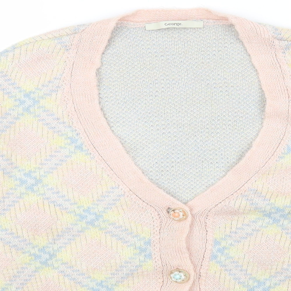 George Womens Multicoloured V-Neck Argyle/Diamond Acrylic Cardigan Jumper Size 8
