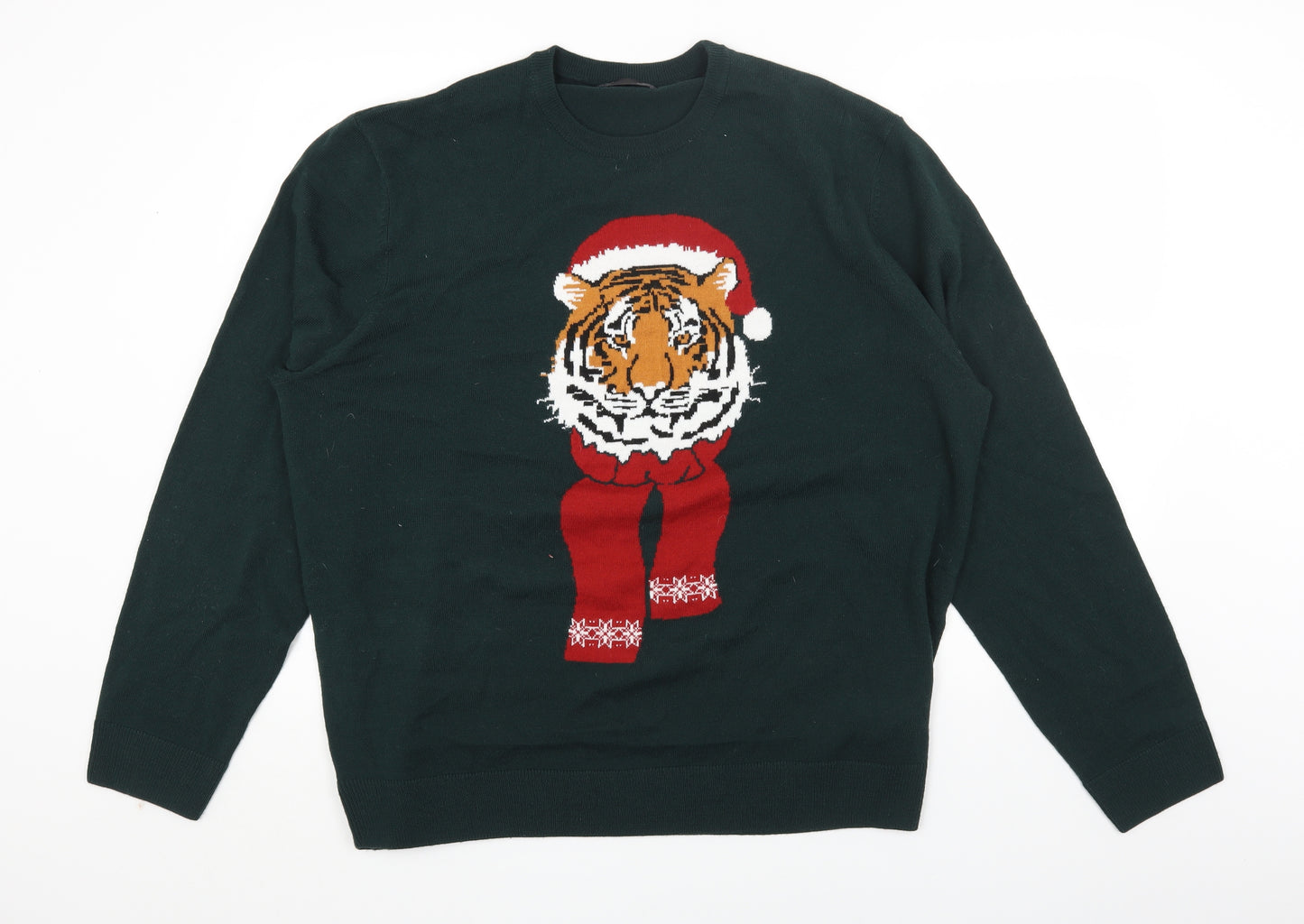 Marks and Spencer Mens Green Round Neck Acrylic Pullover Jumper Size 3XL - Christmas Tiger