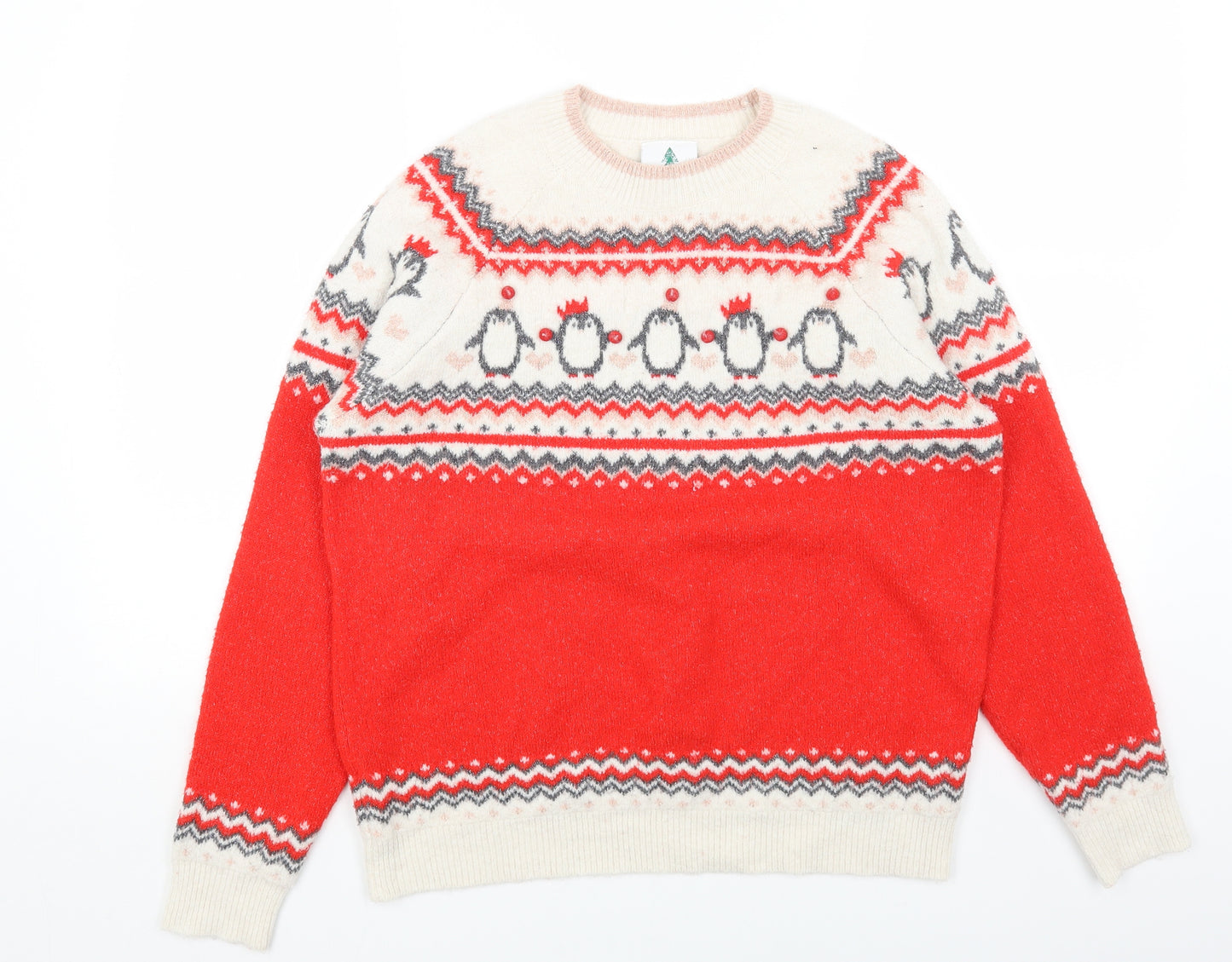 George Womens Red Round Neck Fair Isle Polyester Pullover Jumper Size L - Christmas Penguin