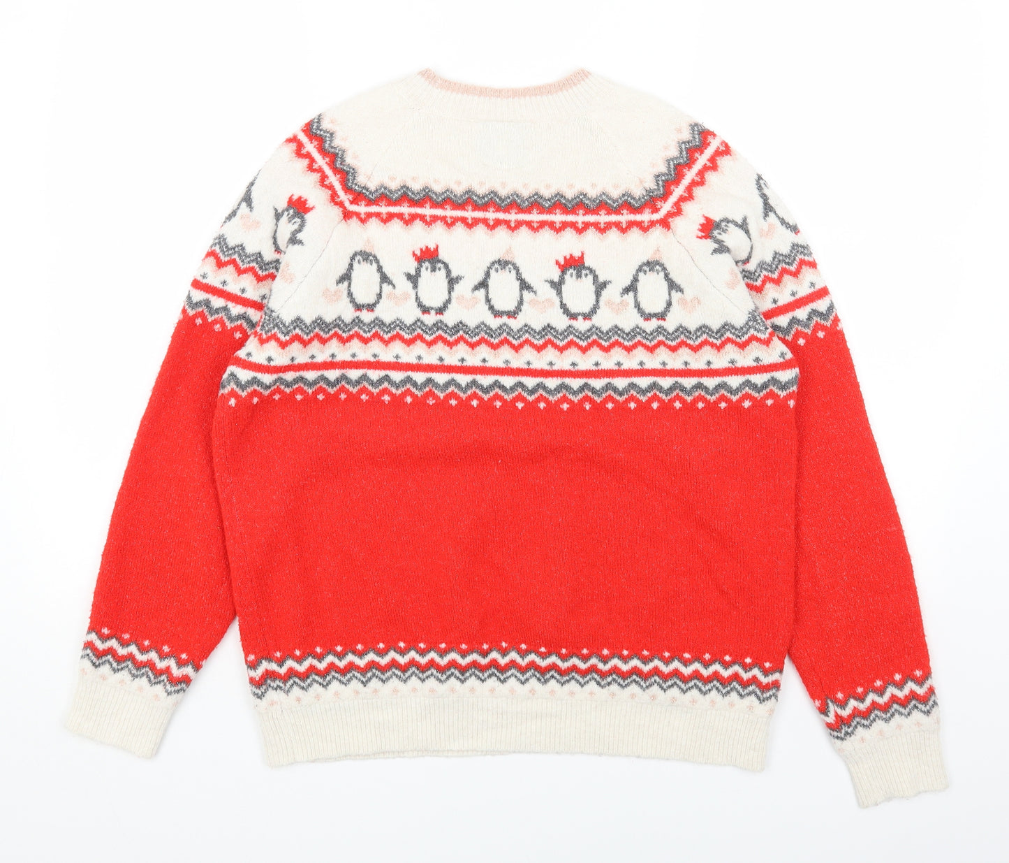 George Womens Red Round Neck Fair Isle Polyester Pullover Jumper Size L - Christmas Penguin