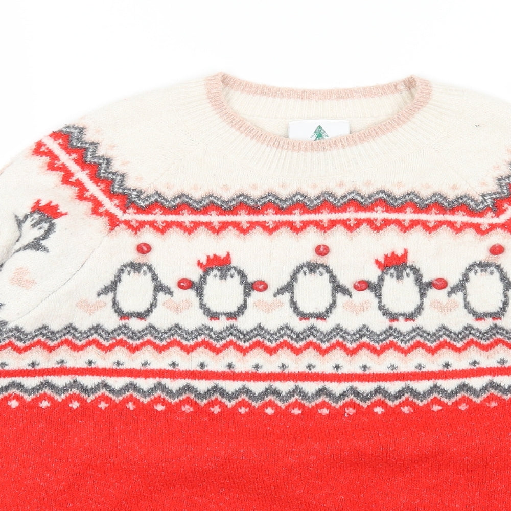 George Womens Red Round Neck Fair Isle Polyester Pullover Jumper Size L - Christmas Penguin