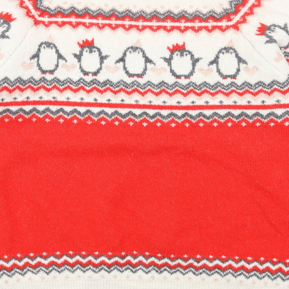 George Womens Red Round Neck Fair Isle Polyester Pullover Jumper Size L - Christmas Penguin