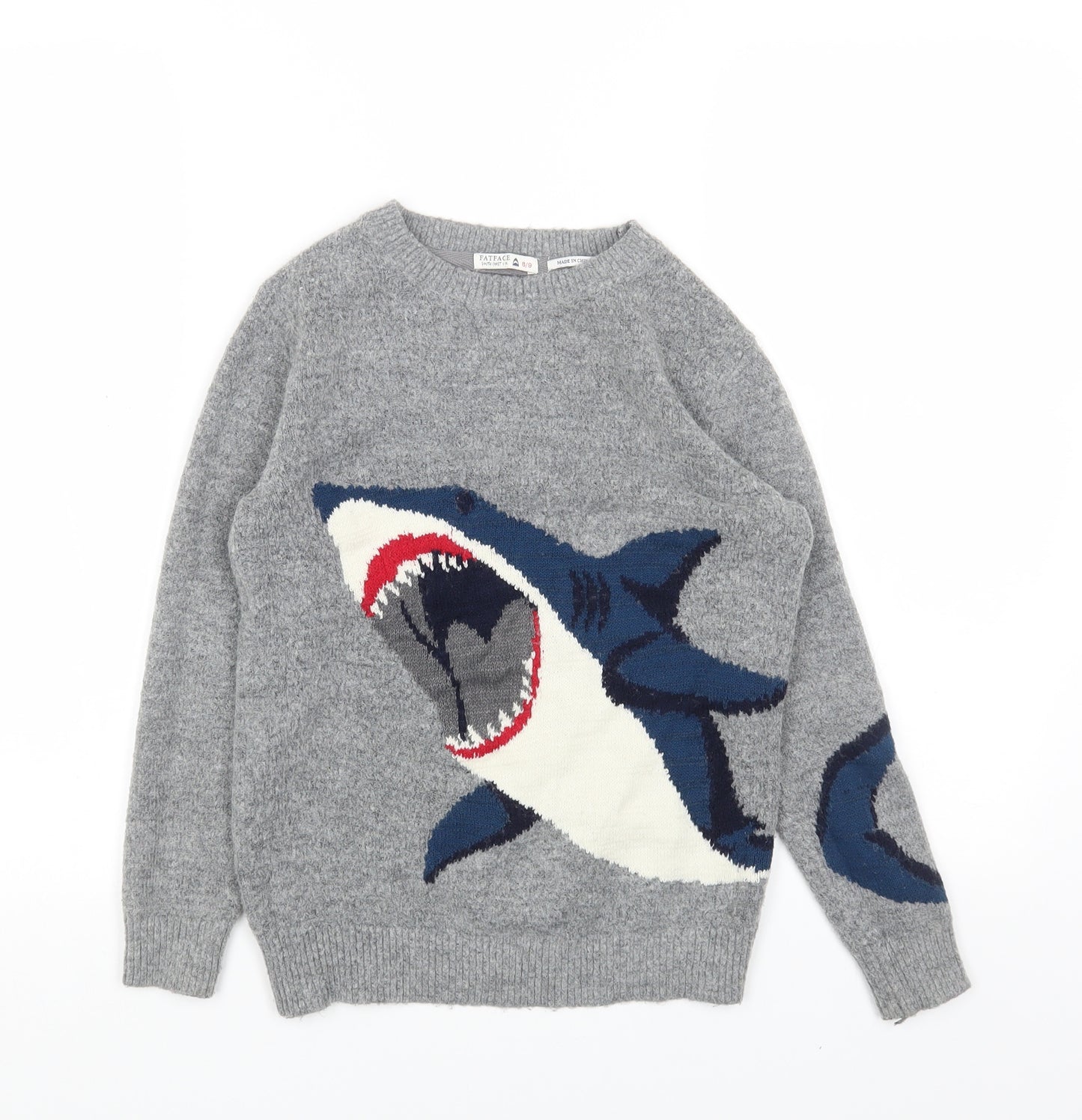 Fat Face Boys Grey Round Neck Acrylic Pullover Jumper Size 8-9 Years Pullover - Shark