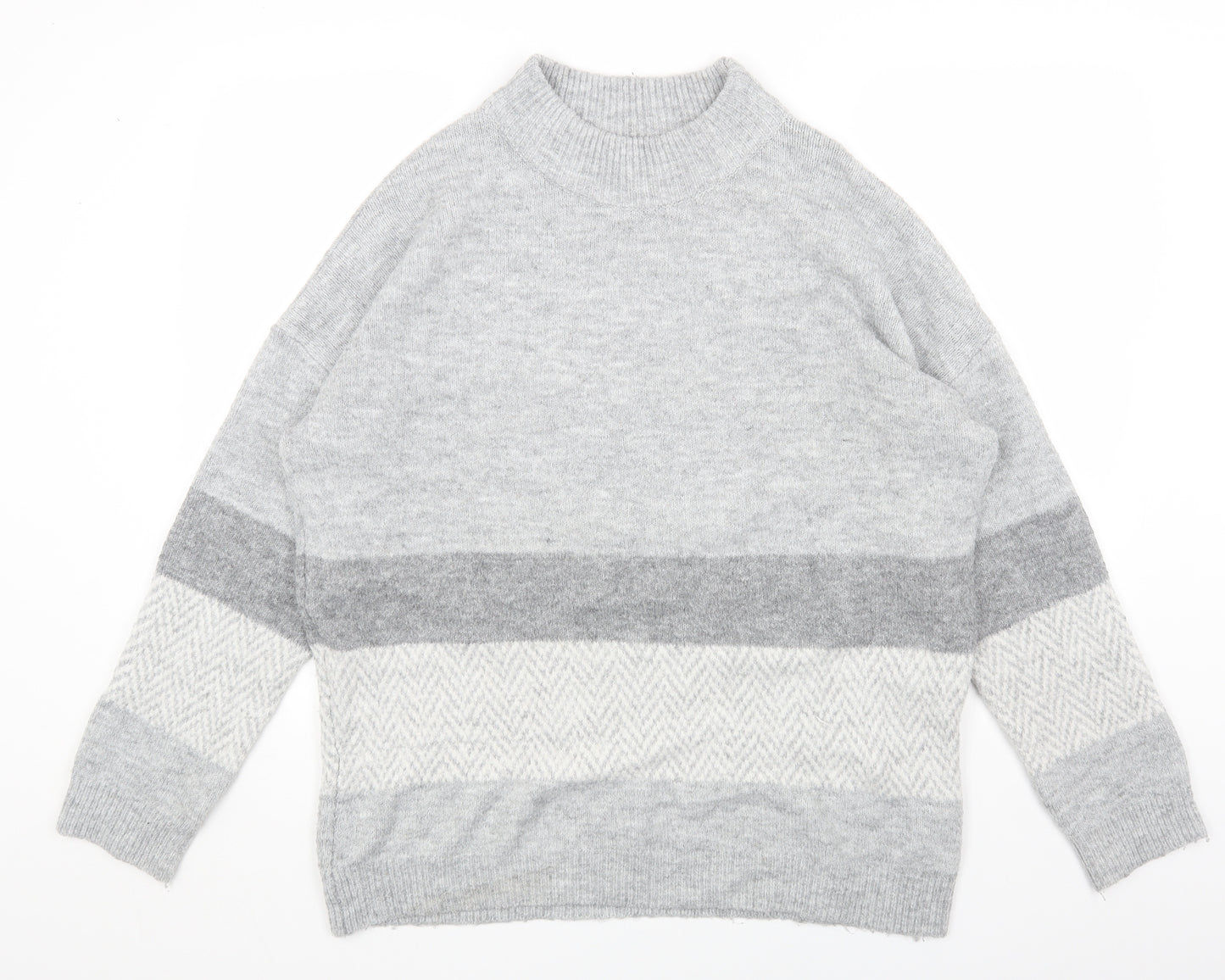 Primark Womens Grey Mock Neck Striped Acrylic Pullover Jumper Size L