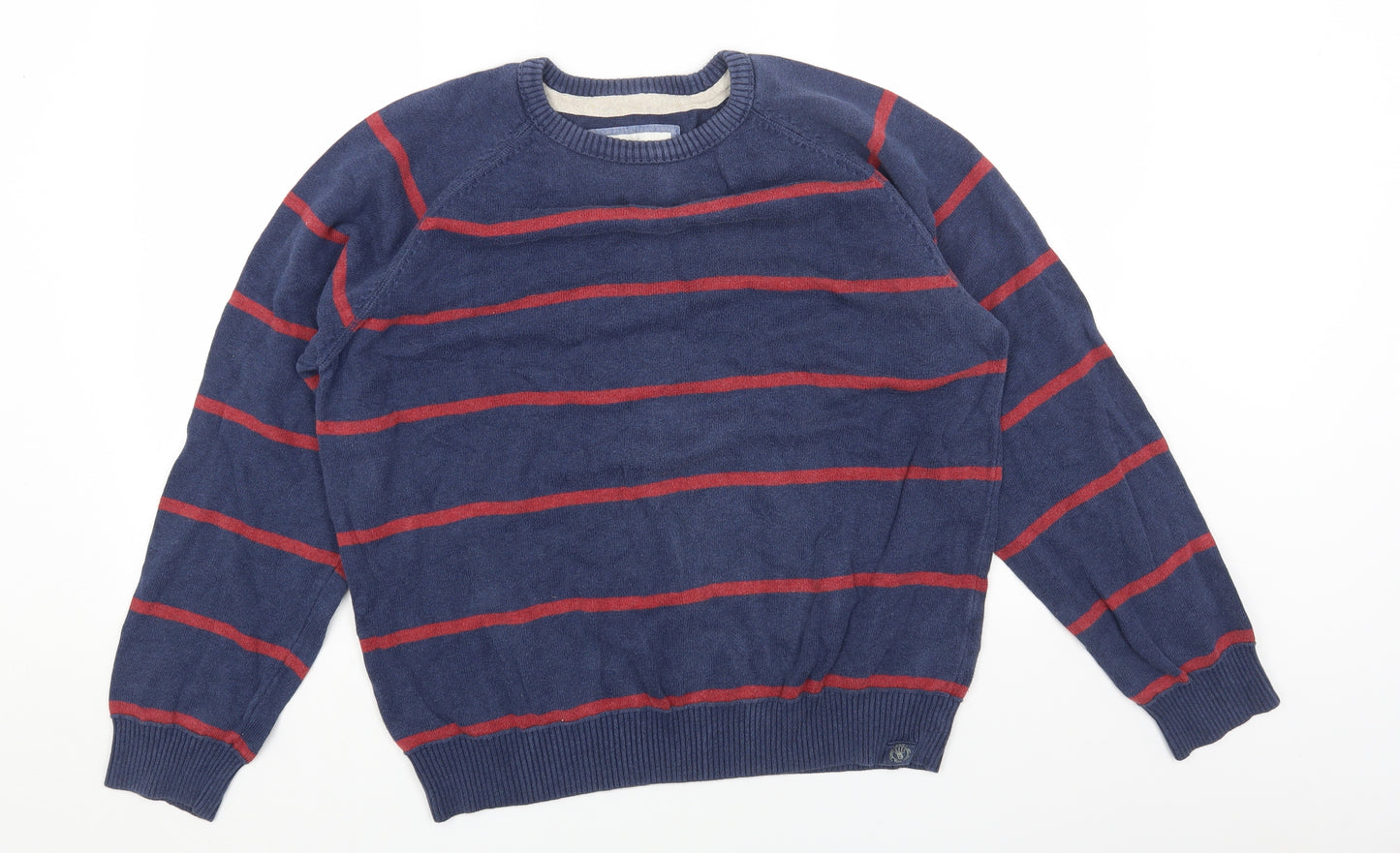 Fat Face Mens Blue Round Neck Striped Cotton Pullover Jumper Size L