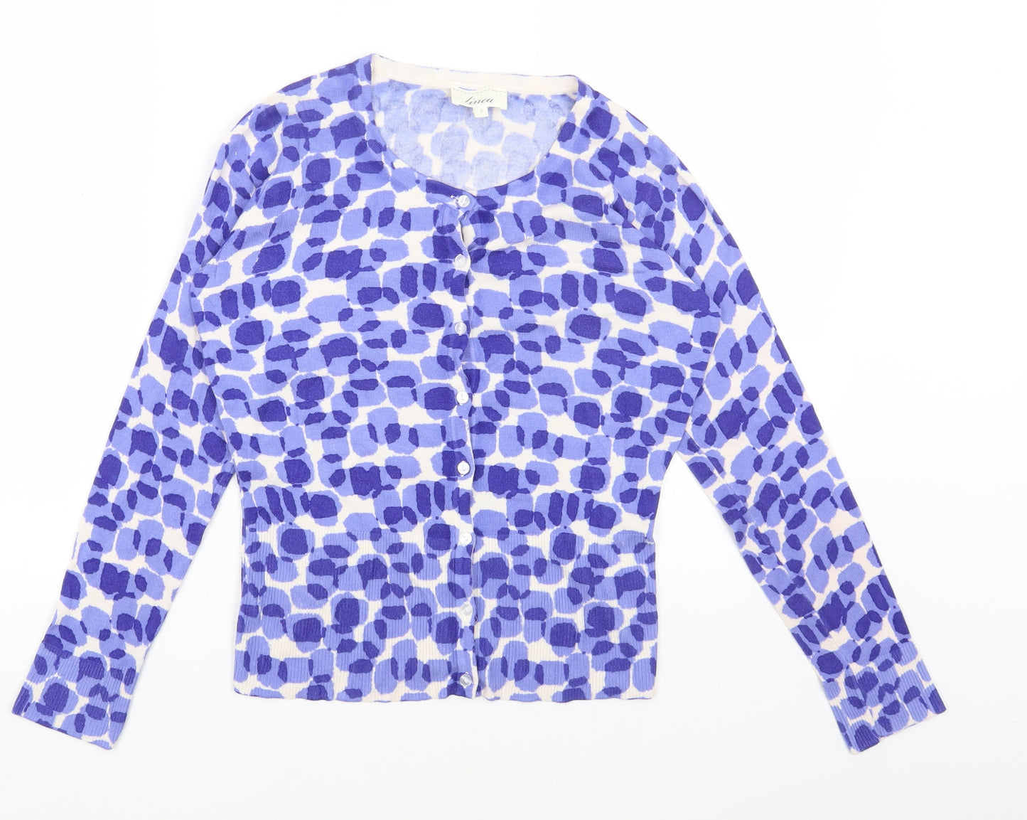 Linea Womens Blue Round Neck Geometric Viscose Cardigan Jumper Size S