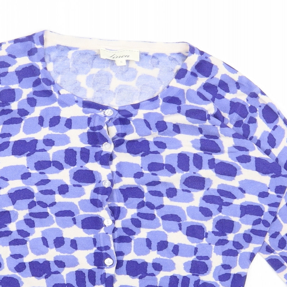 Linea Womens Blue Round Neck Geometric Viscose Cardigan Jumper Size S