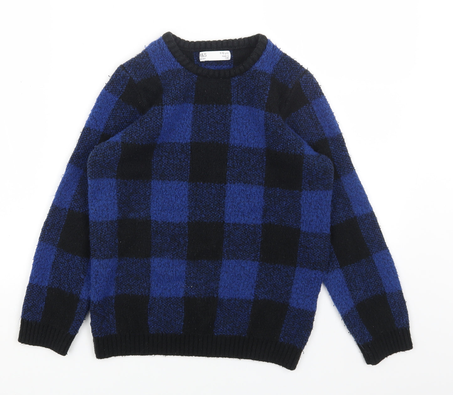 Marks and Spencer Girls Blue Round Neck Check Acrylic Pullover Jumper Size 9-10 Years Pullover