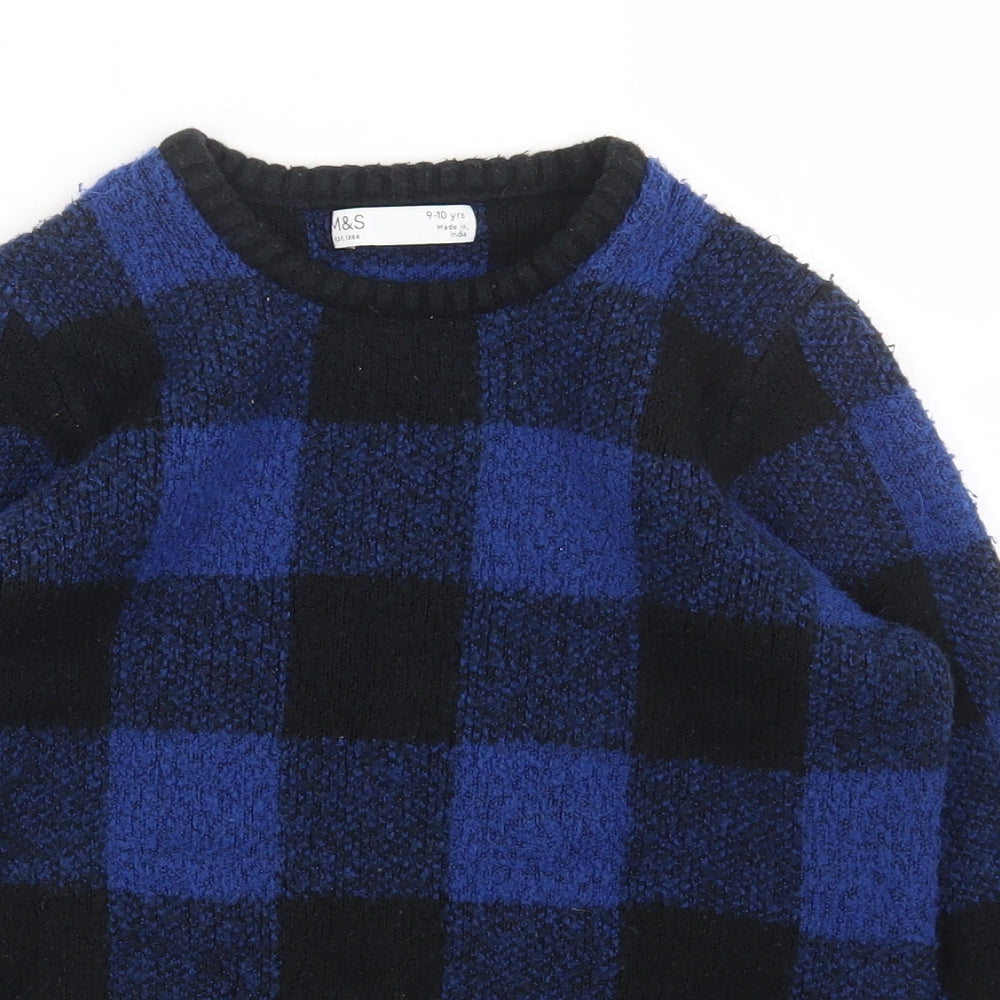 Marks and Spencer Girls Blue Round Neck Check Acrylic Pullover Jumper Size 9-10 Years Pullover