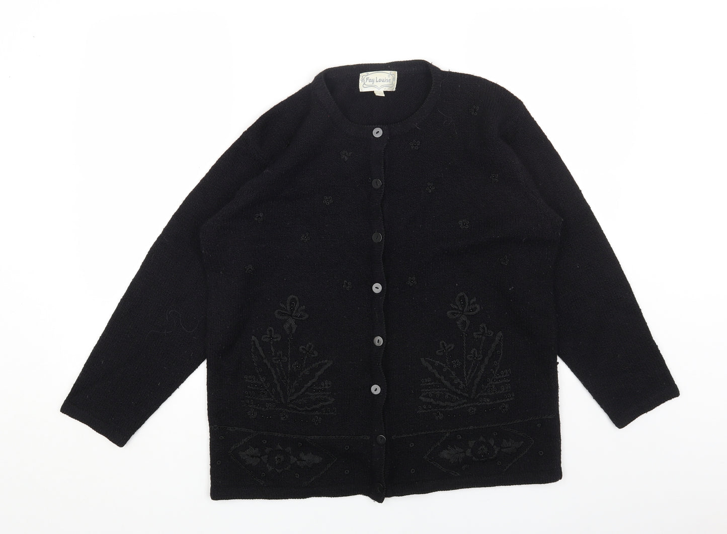 Fay Louise Womens Black Round Neck Acrylic Cardigan Jumper Size L - Flower Detail