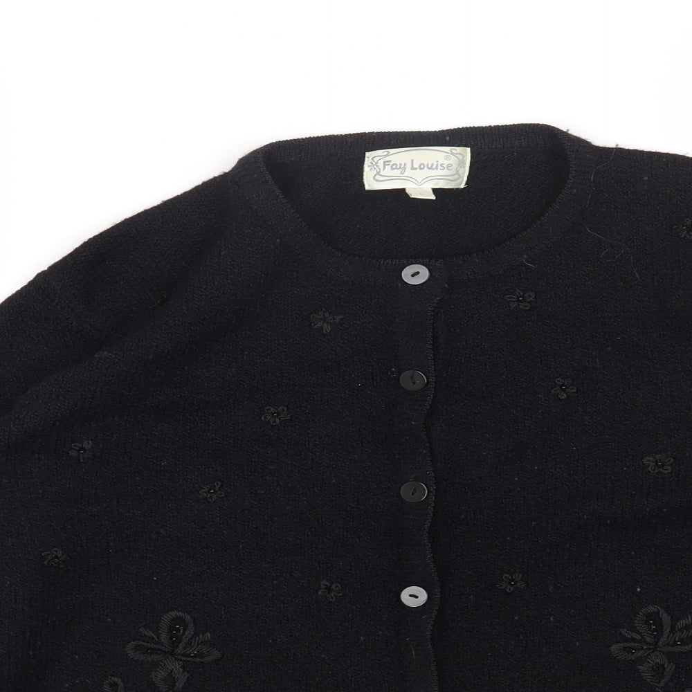 Fay Louise Womens Black Round Neck Acrylic Cardigan Jumper Size L - Flower Detail