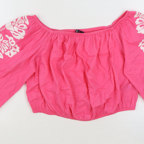 Marks and Spencer Womens Pink Floral 100% Cotton Cropped Blouse Size 18 Off the Shoulder
