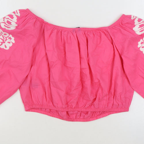 Marks and Spencer Womens Pink Floral 100% Cotton Cropped Blouse Size 18 Off the Shoulder