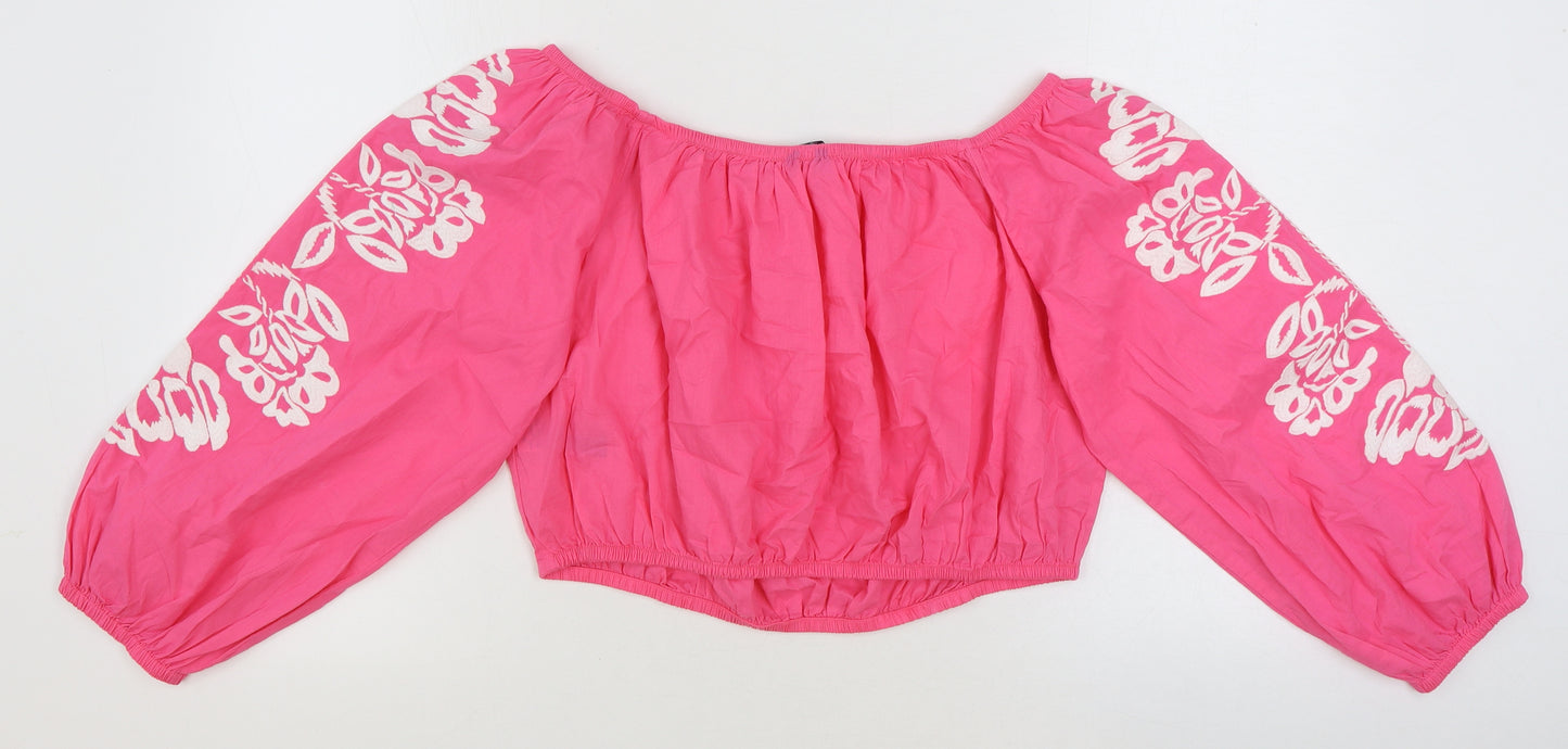 Marks and Spencer Womens Pink Floral 100% Cotton Cropped Blouse Size 18 Off the Shoulder