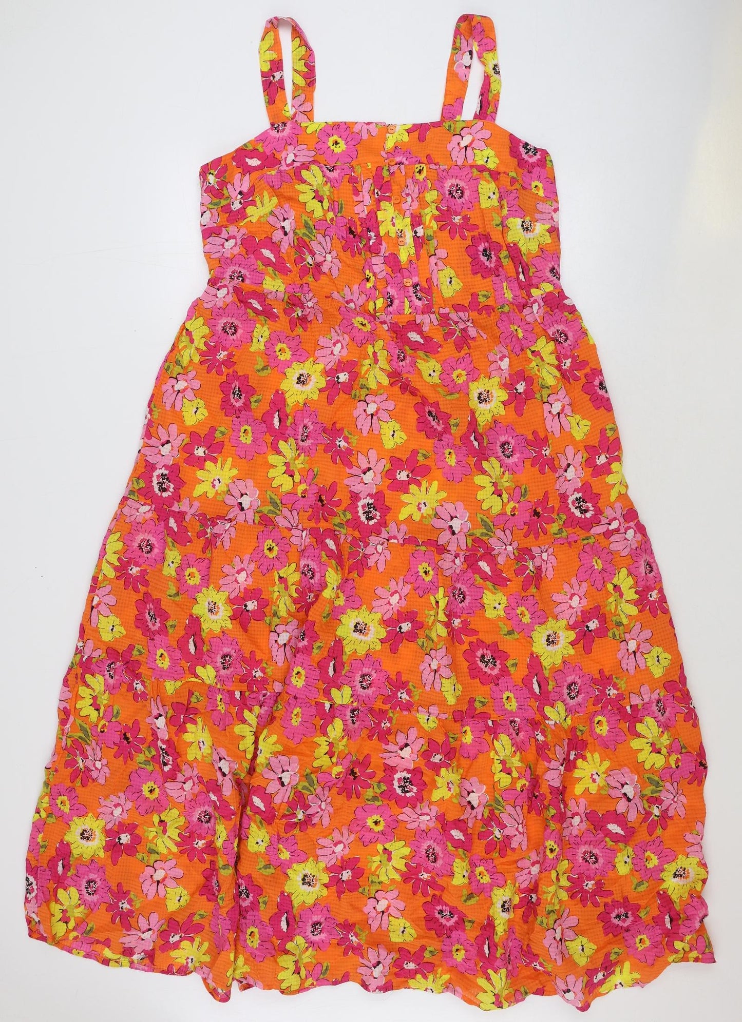 Marks and Spencer Womens Orange Floral Viscose A-Line Size 14 Square Neck Button