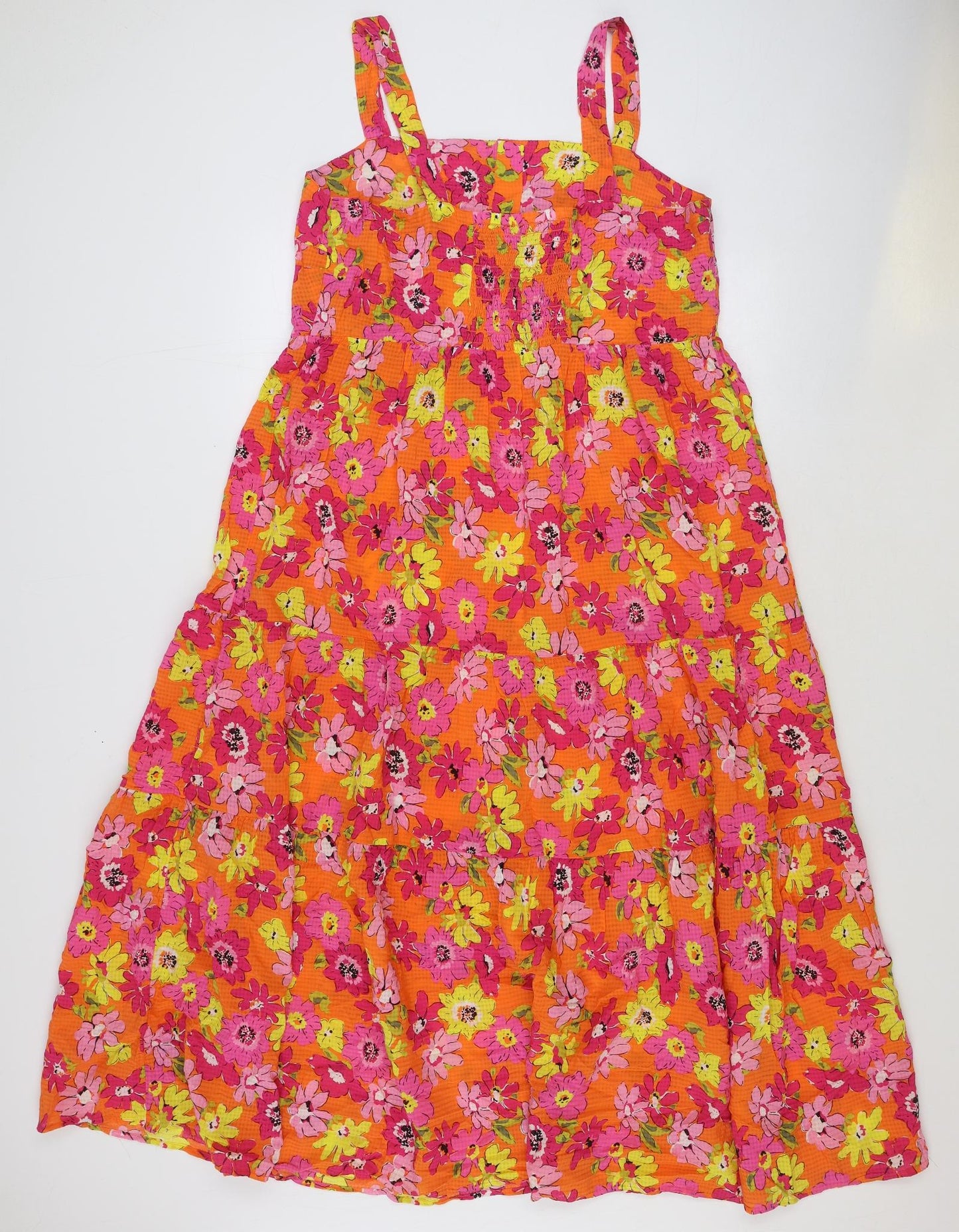 Marks and Spencer Womens Orange Floral Viscose A-Line Size 14 Square Neck Button