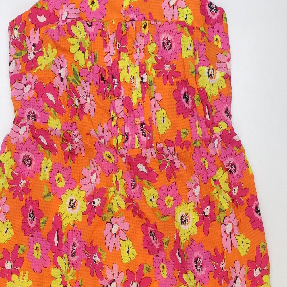 Marks and Spencer Womens Orange Floral Viscose A-Line Size 14 Square Neck Button