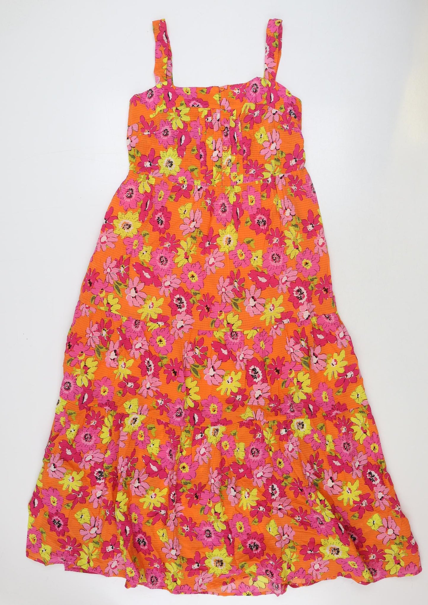 Marks and Spencer Womens Orange Floral Viscose A-Line Size 10 Square Neck Button