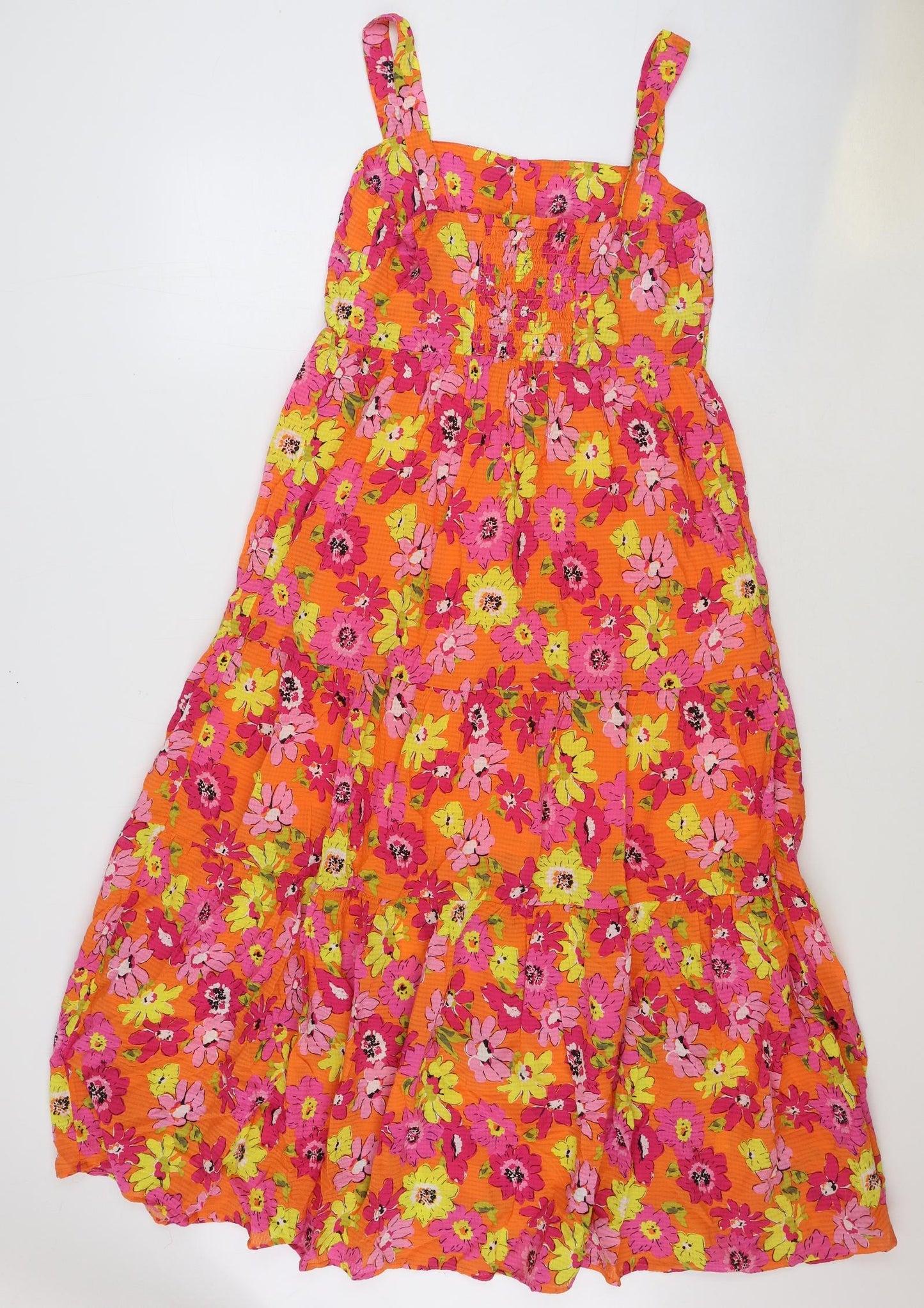 Marks and Spencer Womens Orange Floral Viscose A-Line Size 10 Square Neck Button