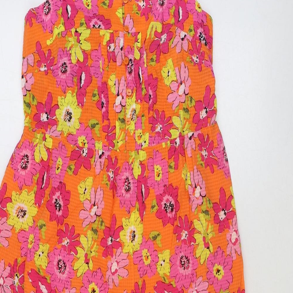 Marks and Spencer Womens Orange Floral Viscose A-Line Size 10 Square Neck Button