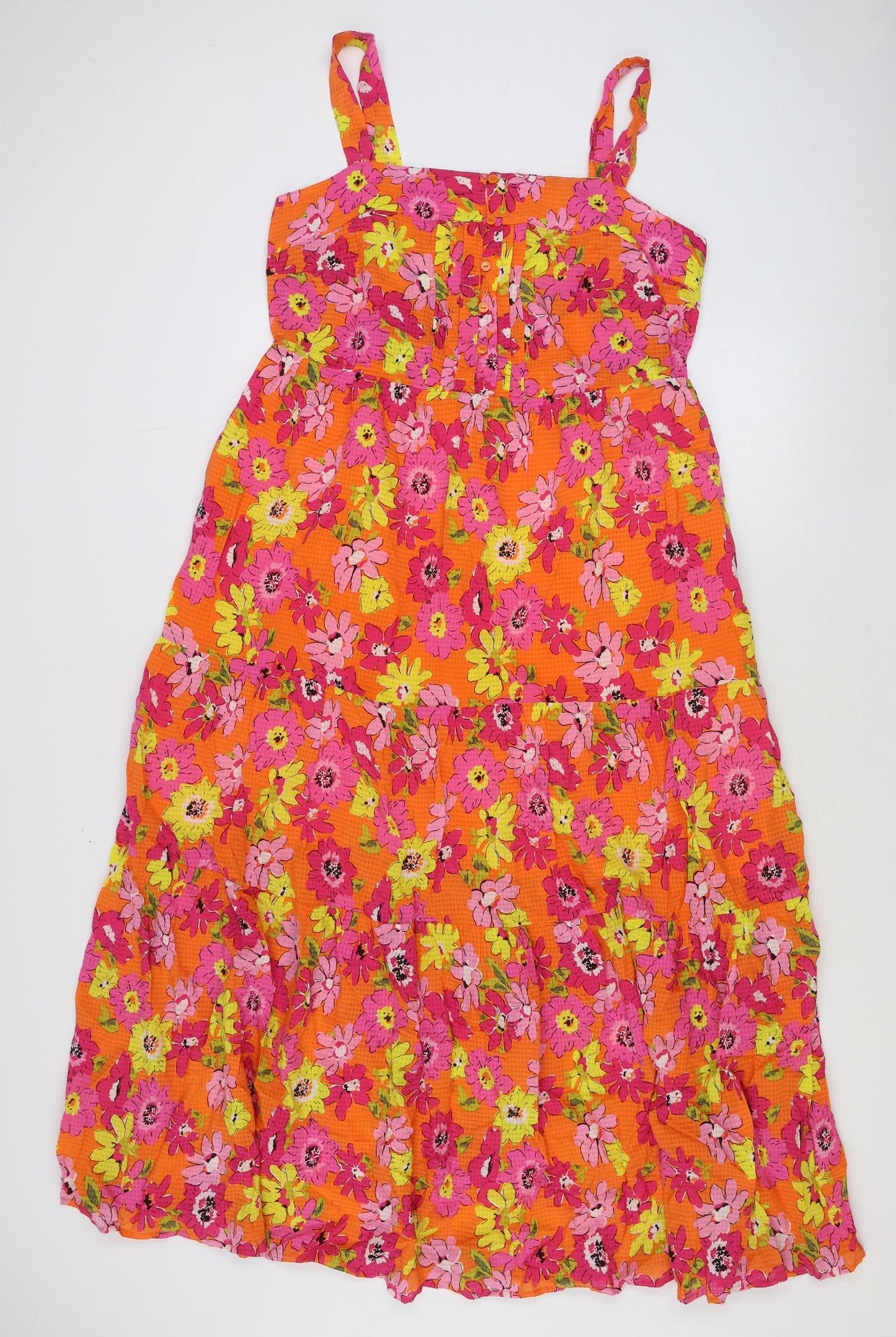 Marks and Spencer Womens Orange Floral Viscose A-Line Size 12 Square Neck Button